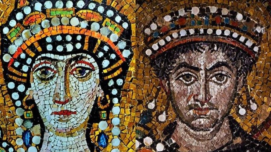 Dizem que Justiniano (à direita) se apaixonou por Teodora (à esquerda) por ela ser inteligente e geniosa - Getty Images