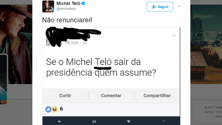 Michel Teló responde comentário sobre sua "renúncia à presidência" - Reprodução/Twitter - Reprodução/Twitter