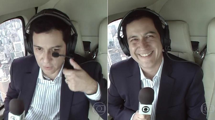 Repórter Walace Lara é "flagrado" se arrumando no helicóptero da Globo e fica constrangido no "SPTV 1ª Edição" - Montagem/Reprodução/TV Globo