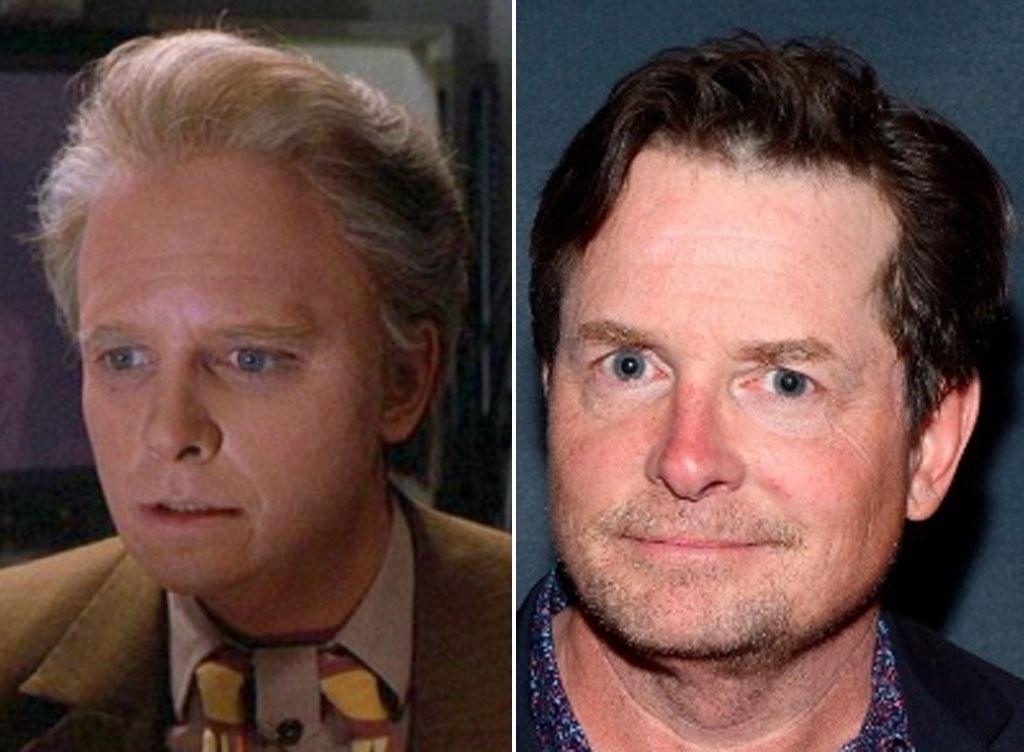 À esquerda, Michael J. Fox faz o papel de Marty McFly mais velho em "De Volta para o Futuro 2" (1989). À direita, Michael J. Fox, então com 54 anos, em 2015 - Reprodução