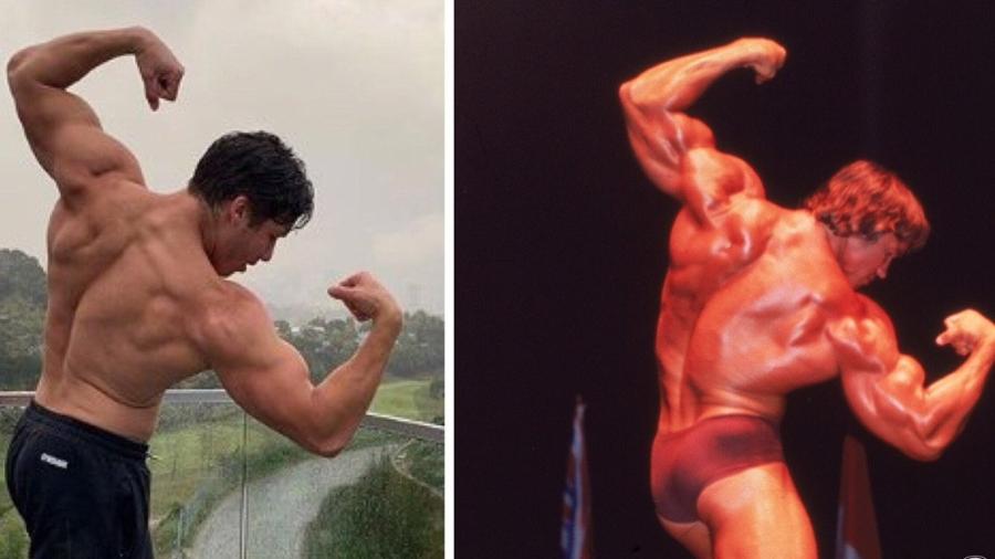 Joseph Baena repete pose do pai, Arnold Schwarzenegger, em foto - Reprodução/Instagram e Getty Images