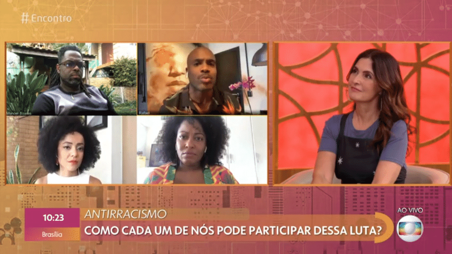 4.jun.2020 - Manoel Soares, Rafael Zulu, Tia Má e Valéria Almeida participando do programa "Encontro" - Reprodução / TV Globo