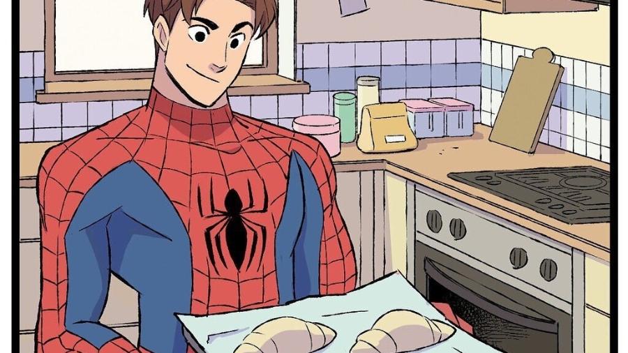 Primeira tirinha da série de "heróis em quarentena" da Marvel tem o Homem-Aranha assando croissants - Reprodução/Instagram