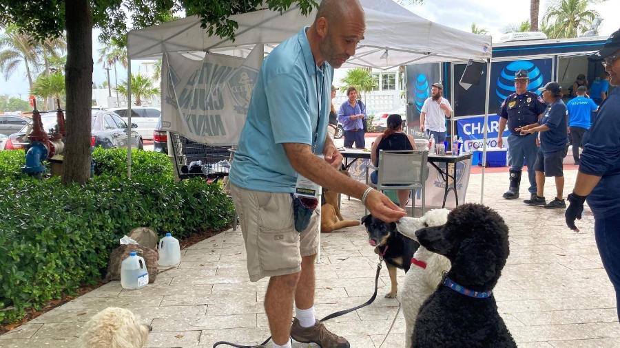 Jay Harris, voluntário da Cajun Navy, alimenta os cães que trouxe para terapia em Surfside, Flórida - AFP