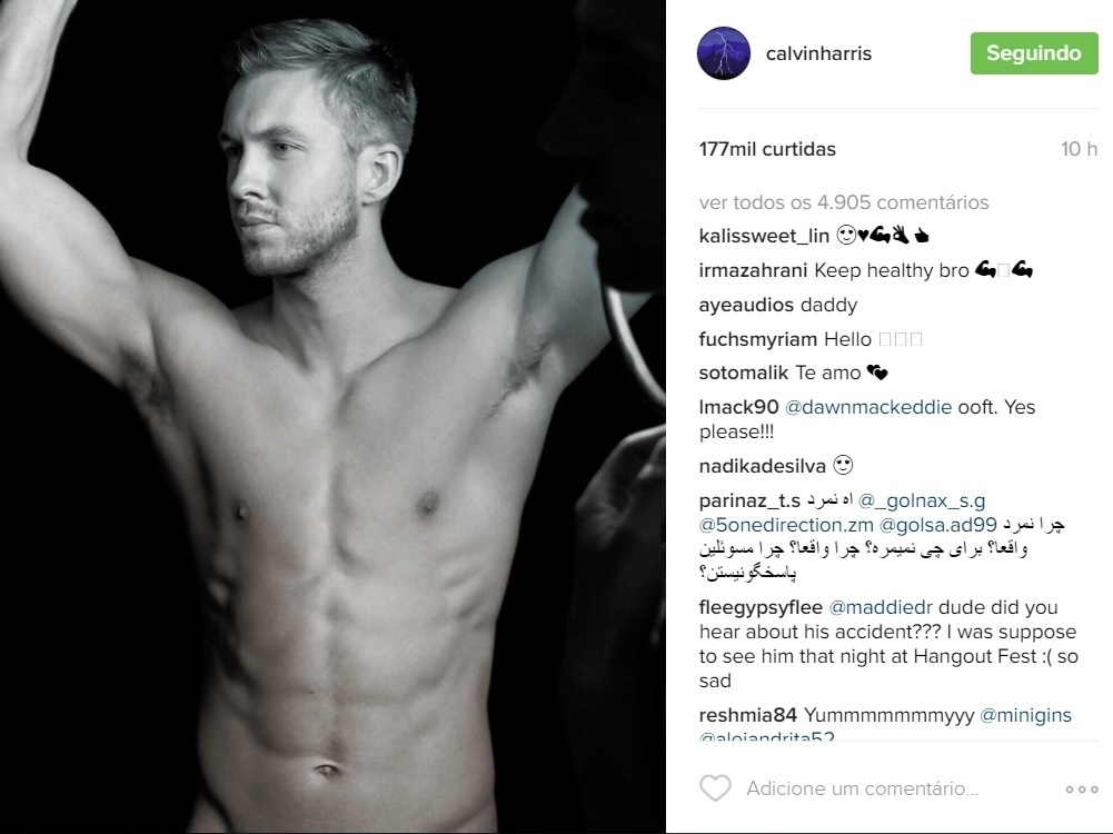 30.mai.2016 - Parece que Calvin Harris está 100% recuperado do acidente de carro que se envolveu. Na noite desta segunda-feira, o DJ publicou uma foto no Instagram em que aparece sem camisa. Alguns seguidores de Calvin nas redes sociais cogitaram a ideia dele estar totalmente nu - Reprodução /Instagram /calvinharris