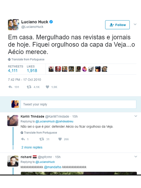 Luciano Huck criticado por apoiar Aecio - Reprodução/Twitter - Reprodução/Twitter