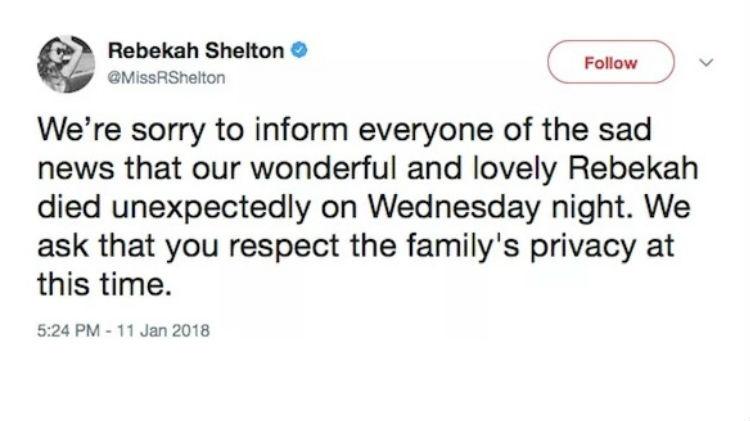 Mensagem no Twitter dizia que Rebekah Shelton havia morrido; comunicado foi deletado - Reprodução/Twitter - Reprodução/Twitter