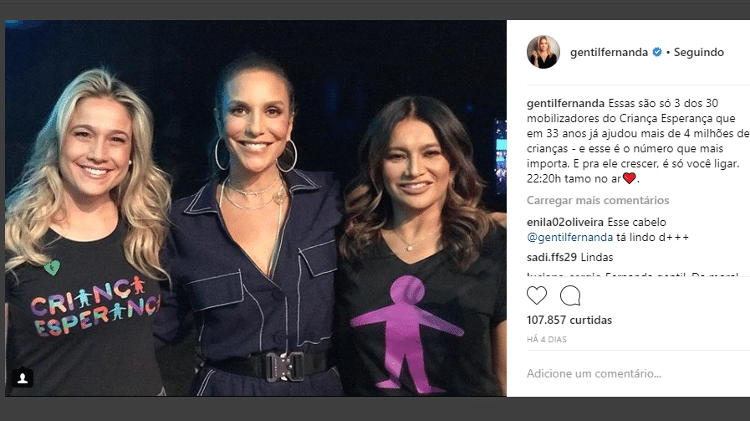 Foto original, publicada por Fernanda Gentil no dia do "Criança Esperança", com ela, Ivete Sangalo e Dira Paes  - Reprodução/Instagram - Reprodução/Instagram