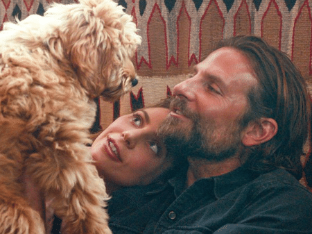Ally (Lady Gaga) e Jackson (Bradley Cooper) com o cãozinho Charlie em "Nasce Uma Estrela" - Divulgação