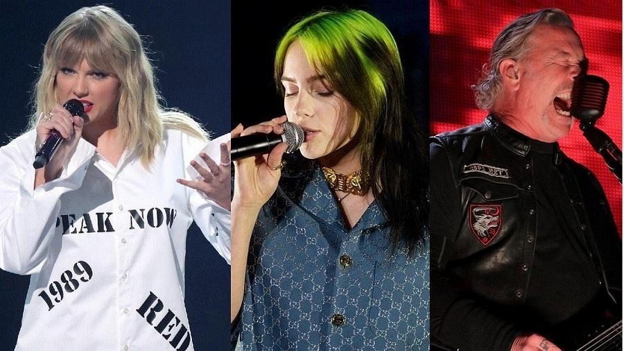 Taylor Swift, Billie Eilish e James Hetfield, do Metallica - Getty Images/Montagem