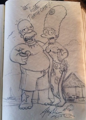 No desenho, um Homer levemente embriagado curte a praia de Belize - Instagram/The Thatch Caye