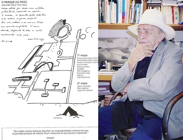 O projeto que o arquieto Oscar Niemeyer assinou em 1985 para a construção do Parque do Peão em Barretos - Divulgação/Montagem UOL