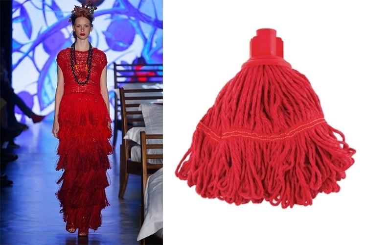 A semelhança entre o vestido de tricô e franjas de Ronaldo Fraga e o esfregão de limpeza é indiscutível - Alexandre Schneider/UOL e Divulgação