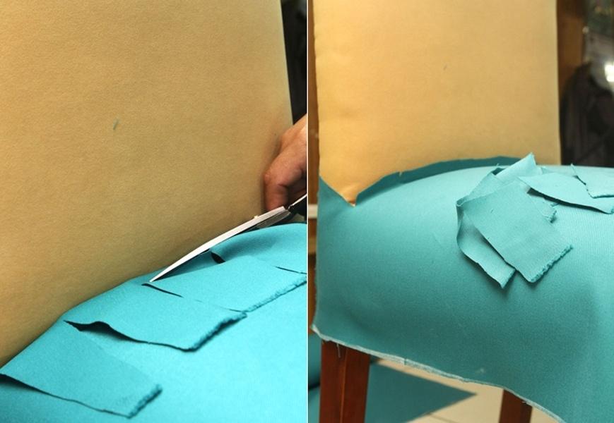 Recorte as faixas de tecido que se formaram anteriormente, acompanhando o desenho arredondado do assento - Aline Arruda/UOL