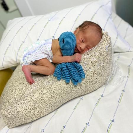 Bebê segura polvinho em UTI neonatal: conforto e aconchego - Divulgação/Hospital Bom Conselho