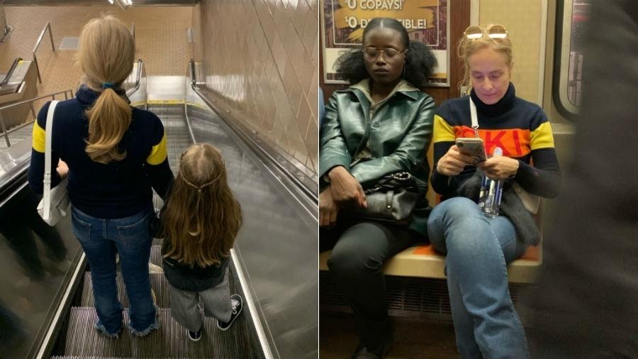 Angélica e a filha, Eva, descem escada de estação de metrô em Nova York; a apresentadora no vagão como anônima - Reprodução/Instagram