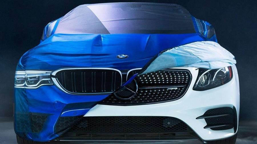 BMW "zoou" Mercedes em foto na qual uma capa com a imagem do novo M5 posicionada sobre um Mercedes-AMG GT - Twitter