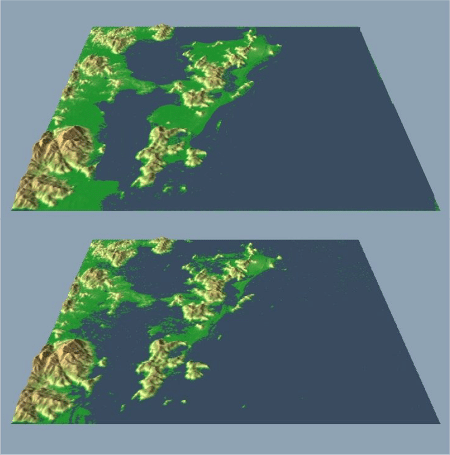 Projeção de aumento do nível do mar na Grande Florianópolis: acima, o nível atual; abaixo, com aumento de 2 metros