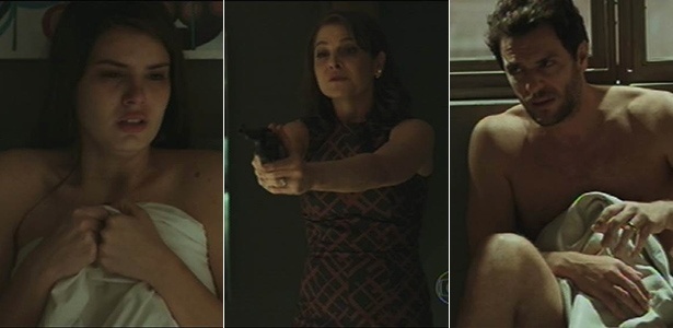 Carolina (Drica Morais) aponta arma para Angel (Camila Queiroz) e Alex (Rodrigo Lombardi) em "Verdades Secretas" - Reprodução/TV Globo