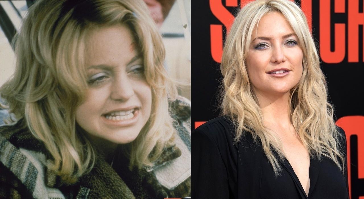 Goldie Hawn aos 29 anos no filme "Louca Escapada" e a filha Kate Hudson com 38 anos numa pré-estreia. Se ninguém falasse, a gente pensaria que se trata da mesma pessoa - Divulgação - AFP