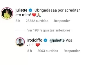 Juliette e Rodolffo trocam elogios nas redes sociais - Reprodução/Instagram - Reprodução/Instagram