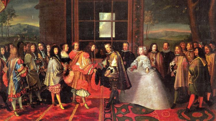 Luís 14 da França e Felipe 4º da Espanha em encontro na ilha dos Faisões para o Tratado dos Pireneus