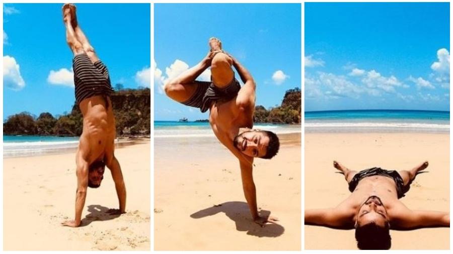 Rodrigo Simas faz invertidas em praia de Fernando de Noronha - Montagem