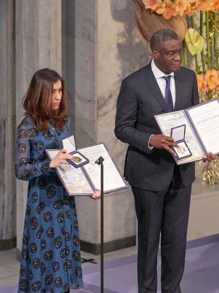 Vencedores de 2018: a ativista iraquiana Nadia Murad e o médico congolês Denis Mukwege - Getty Images