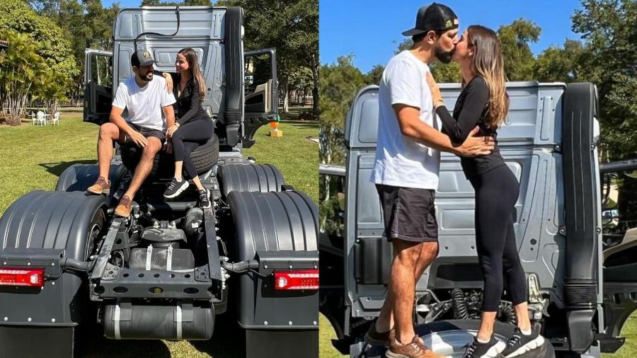 Sorocaba e a esposa, Biah Rodrigues posam no caminhão que, segundo eles, servirá para a família acompanhar o cantor em seus shows - Reprodução/Instagram