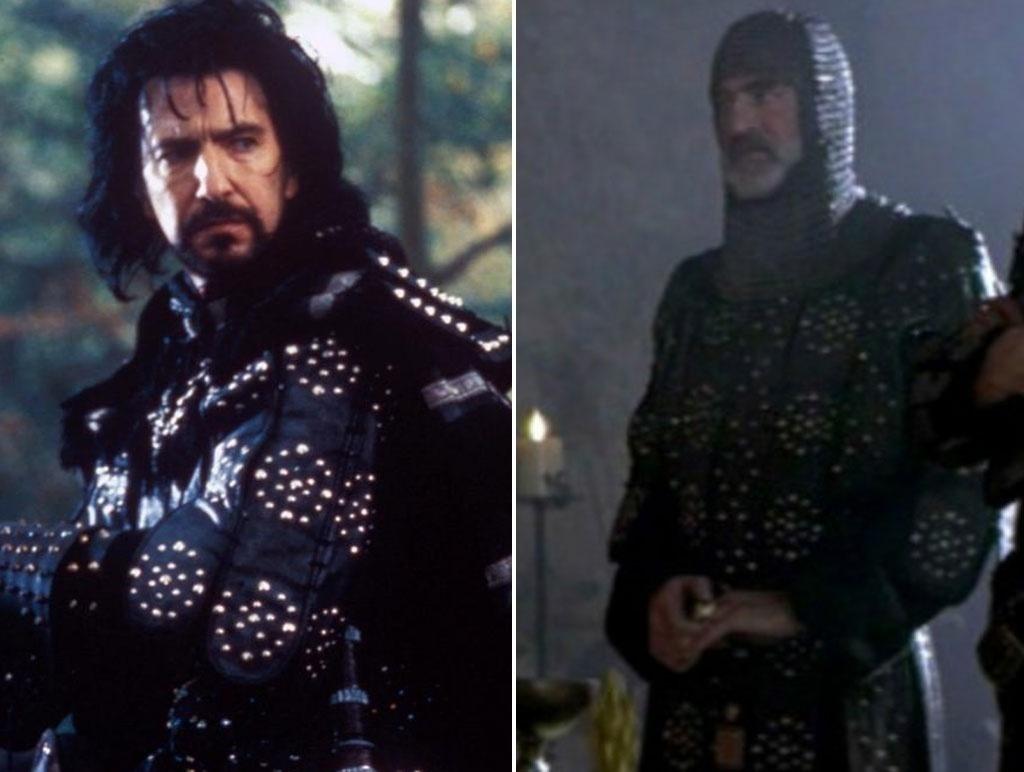 À esquerda, Alan Rickman em "Robin Hood - O Príncipe dos Ladrões" (1991). À direita, cena de "Coração Valente" (1995) - Reprodução