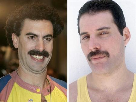 O ator Sacha Baron Cohen e Freddie Mercury - Rex Features/Montagem