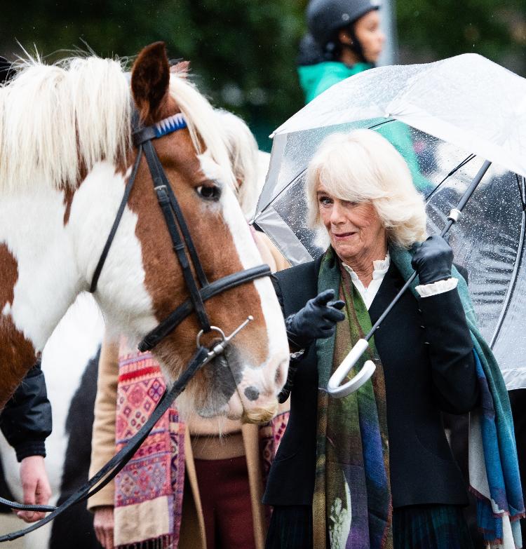 LONDON, ENGLAND - OCTOBER 13: Camilla, Duchess of Cornwall meets the students and horses of the Ebony Horse Club, Brixton on October 13, 2023 in London, England.  (Photo by Samir Hussein/WireImage) - Samir Hussein/Samir Hussein/WireImage - Samir Hussein/Samir Hussein/WireImage