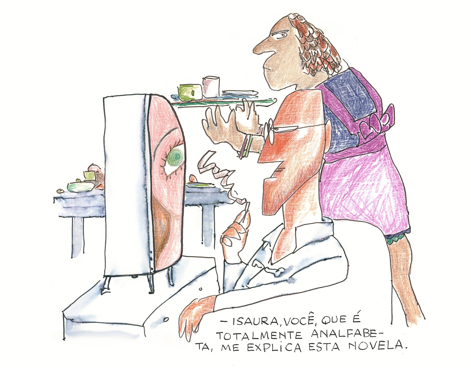 Desenho para publicação na revista "Veja", em 1981. Nanquim, hidrocor e lápis de cor sobre papel, 21,9 x 32,9 cm. A exposição "Millôr: obra gráfica" fica em cartaz de 17 de abril a 21 de agosto de 2016, no Instituto Moreira Salles (rua Marquês de São Vicente, 476, Gávea, Rio de Janeiro). A entrada é franca - Acervo Millôr Fernandes / Instituto Moreira Salles