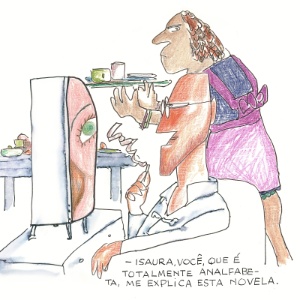 Desenho para publicação em "Veja", em 1981. Nanquim, hidrocor e lápis de cor sobre papel, 21,9 x 32,9 cm. A exposição "Millôr: obra gráfica" fica em cartaz de 17 de abril a 21 de agosto de 2016, no Instituto Moreira Salles (rua Marquês de São Vicente, 476, Gávea, Rio de Janeiro). A entrada é franca - Acervo Millôr Fernandes / Instituto Moreira Salles - Acervo Millôr Fernandes / Instituto Moreira Salles