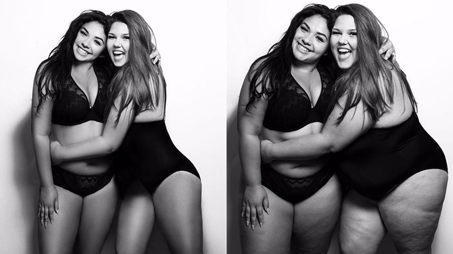 Diana Siroka e a amiga e também modelo plus size Callie Thorpe em foto modificada (à esq.) e sem filtros - Reprodução/Instagram