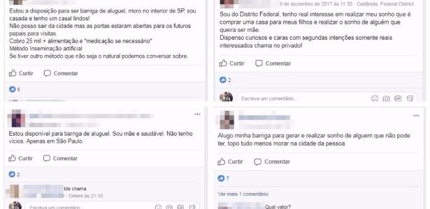 Anúncios de barriga de aluguel no Facebook; há grupos com até 3,3 mil membros - Reprodução/Facebook - Reprodução/Facebook