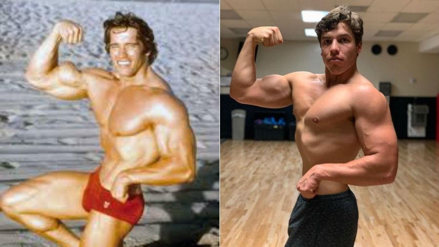 Arnold Schwarzenegger em pose icônica e o filho, Joseph Baena - Reprodução/Instagram