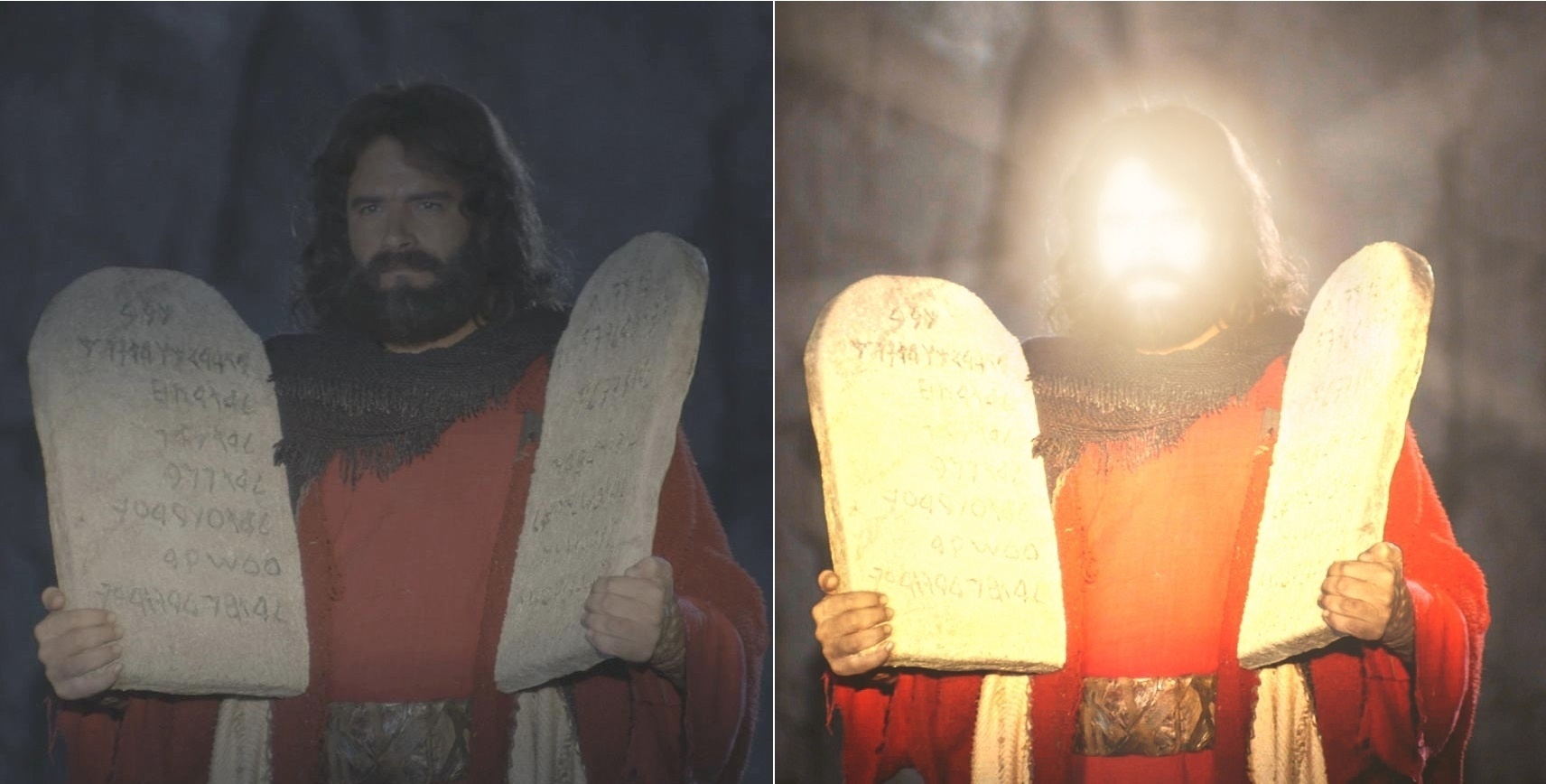 Ao descer o monte Sinai e reencontrar o povo hebreu, Moisés (Guilherme Winter) aparece com o rosto iluminado pela equipe de pós-produção - Montagem/Divulgação/TV Record
