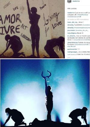 Madonna compartilhou duas obras do cearense no Instagram. Nesta, Wanderson se inspirou em como a cantora encerrou a apresentação do Brit Awards 2015, após machucar a coluna cervical - Reprodução - Reprodução