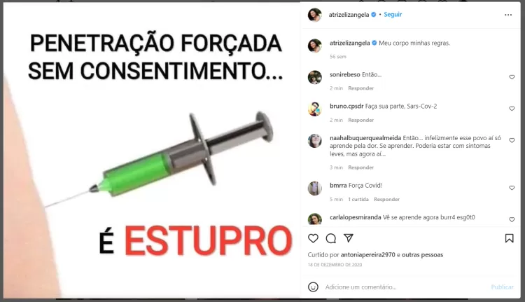 Publicação em que Elizangela compara a vacinação obrigatória a estupro - Reprodução/Instagram - Reprodução/Instagram