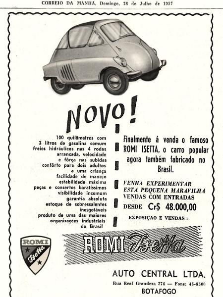 Anúncio de 1957 do Romi-Isetta prometia consumo superior a 33 km/l; números oficiais apontam 25 km/l