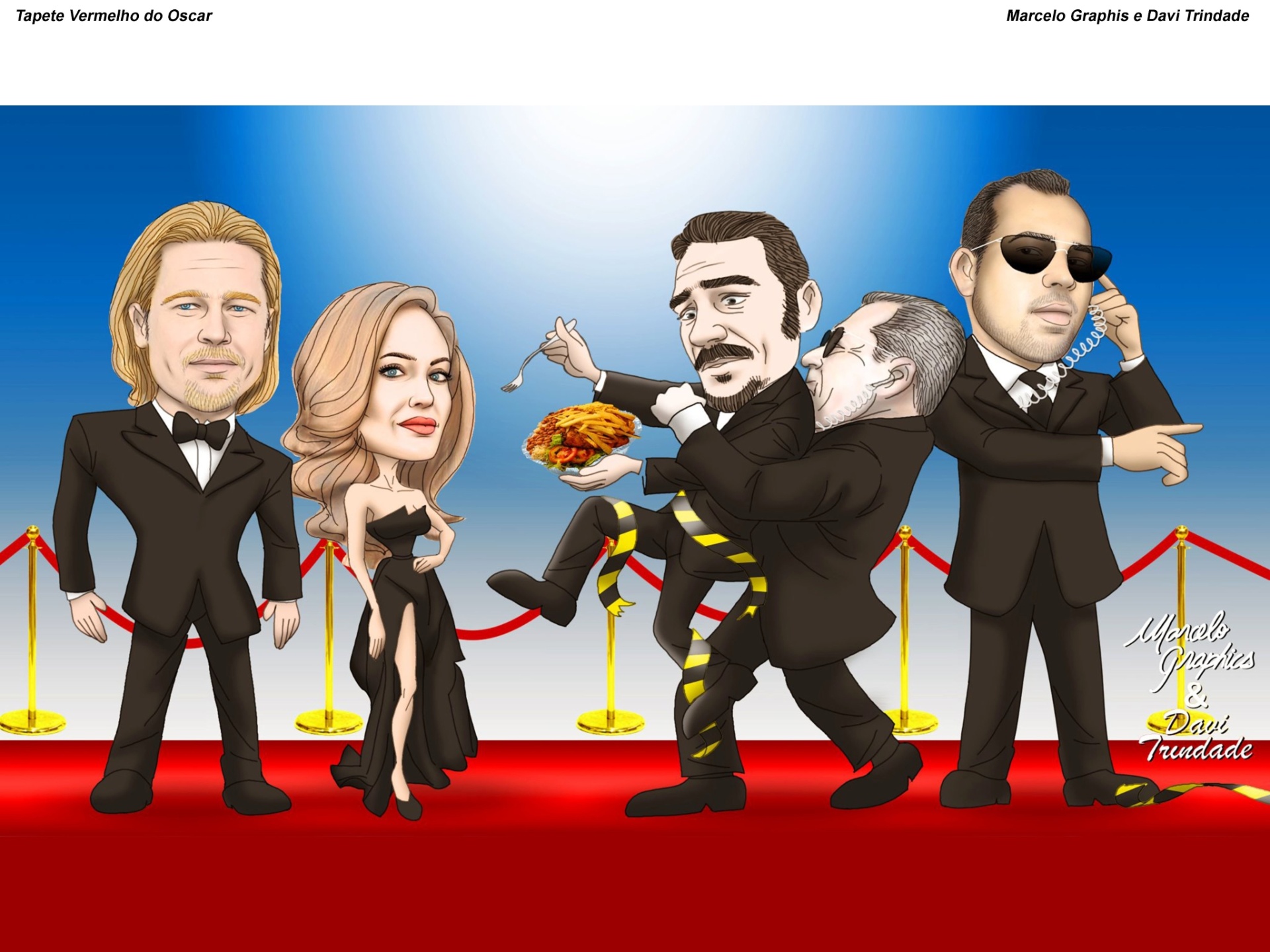 Tapete vermelho do Oscar por Marcelo Graphis e Davi Trindade. A exposição "Oscartoons" fica em cartaz de 18 de fevereiro a 6 de março de 2016, no Shopping Metrópole (Praça Samuel Sabatini, 200, centro, São Bernardo do Campo/SP). A visitação é gratuita - Divulgação