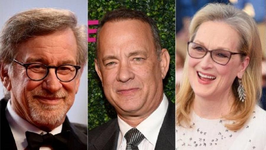 Steven Spielberg, Tom Hanks e Meryl Streep, que estarão juntos em filme - Reprodução/Montagem