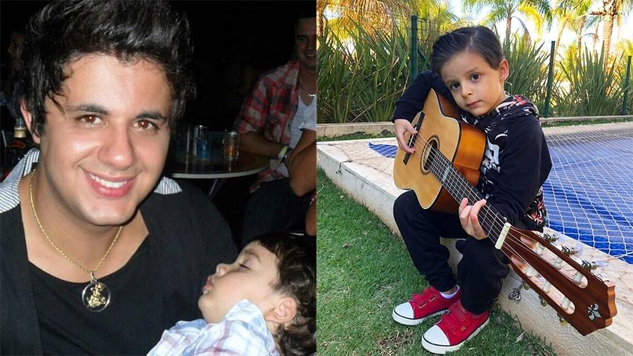 Cristiano Araújo com o filho João Gabriel e, ao lado, o filho Bernardo tocando violão, em foto tirada pela mãe no ano passado - Reprodução/Instagram