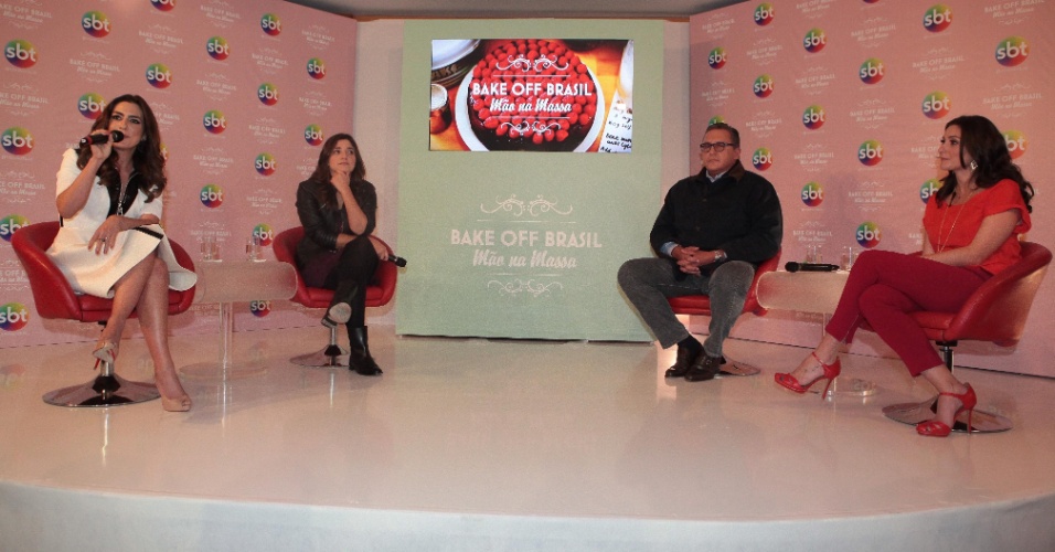 A apresentadora Ticiana Villas Boas apresenta o programa "Bake Off ? Mão na Massa" na sede do SBT, em São Paulo, ao lado dos jurados Fabrizio Fasano Jr. e Carolina Fiorentino