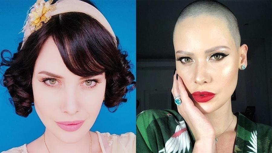 Mayana Moura ficou completamente careca esse ano para viver Satanás na novela da Record "Jesus". Ela ainda raspou as sobrancelhas e colocou uma lente de contato cinza - Reprodução/Instagram