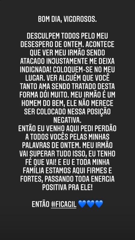 BBB 21: Irmã de Gilberto pede desculpas aos fãs após pedir pela saída do brother - Reprodução/Instagram - Reprodução/Instagram