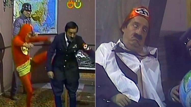 Chapolin chuta o bumbum de Hitler, que morre após seu soldado explodir sala sem querer - Montagem/Reprodução - Montagem/Reprodução