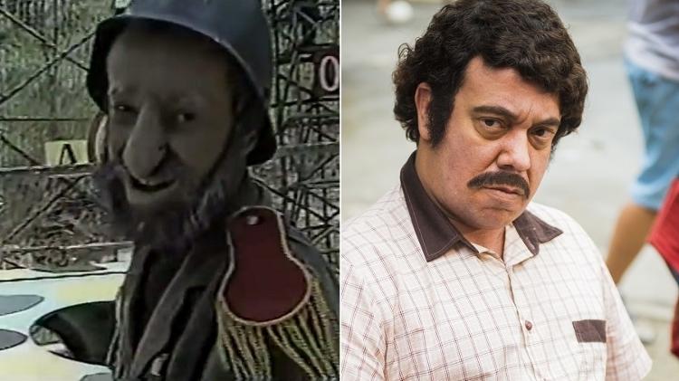 Márcio Vito como canhoneiro de Faustão, em 1993, e imitando Pablo Escobar no "Tá no Ar" - Montagem/Reprodução/João Miguel Júnior/TV Globo - Montagem/Reprodução/João Miguel Júnior/TV Globo