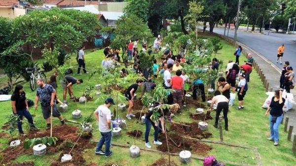 Mutirão voluntário para plantio de floresta de bolso na avenida Hélio Pelegrino, próximo ao cruzamento da avenida Santo Amaro, em São Paulo